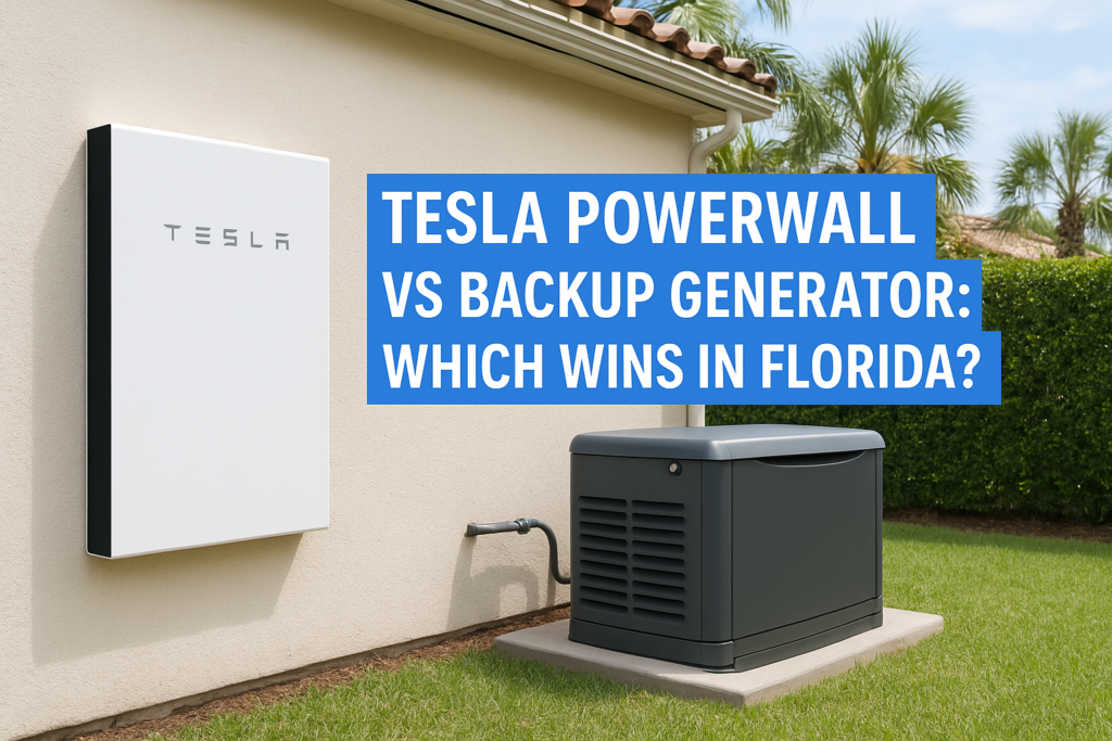 Tesla Powerwall mounted on a beige wall next to a gray backup generator, with a bold blue banner showing a Florida comparison question: 'TESLA POWERWALL VS BACKUP GENERATOR: WHICH WINS IN FLORIDA?'
