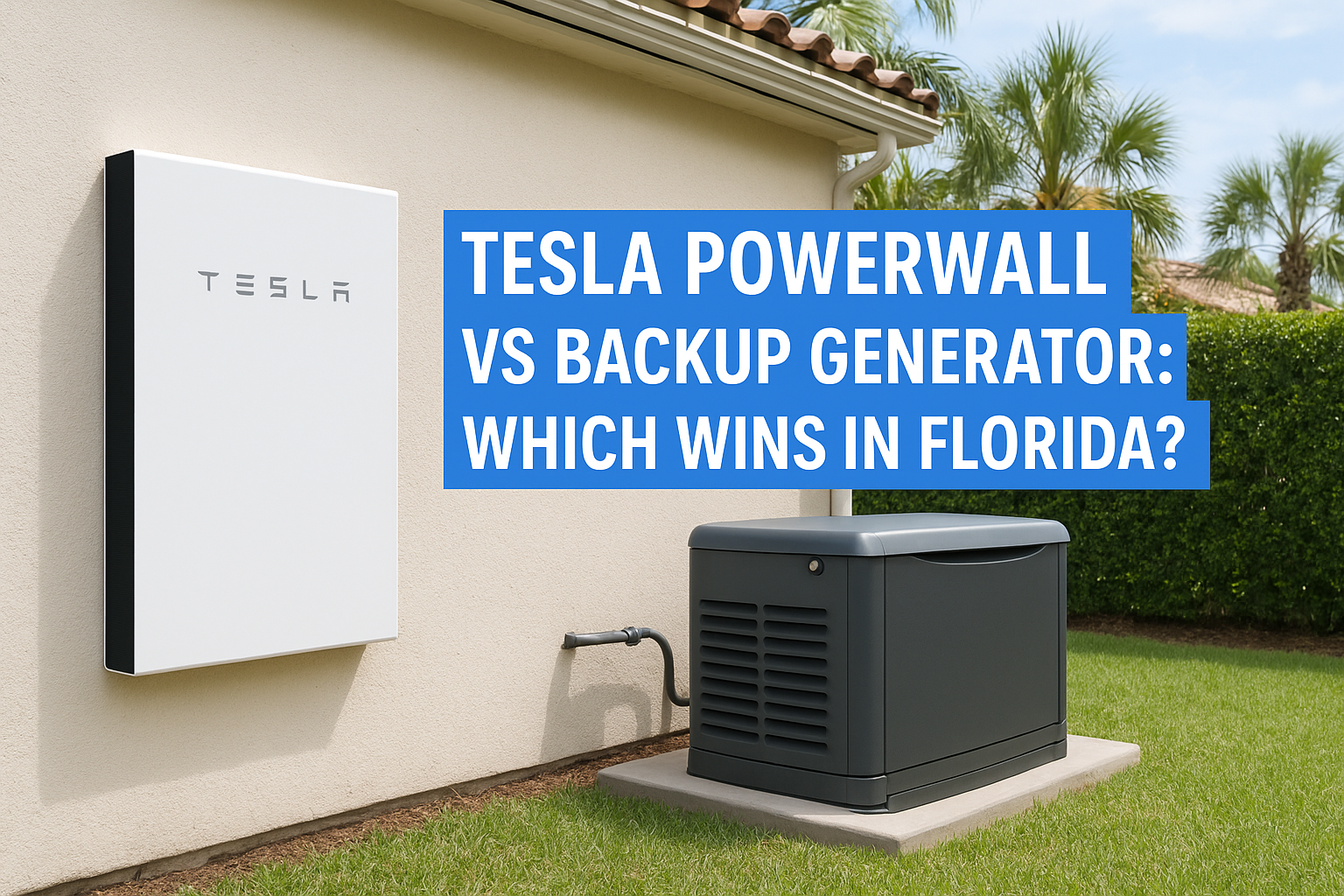 Tesla Powerwall mounted on a beige wall next to a gray backup generator, with a bold blue banner showing a Florida comparison question: 'TESLA POWERWALL VS BACKUP GENERATOR: WHICH WINS IN FLORIDA?'