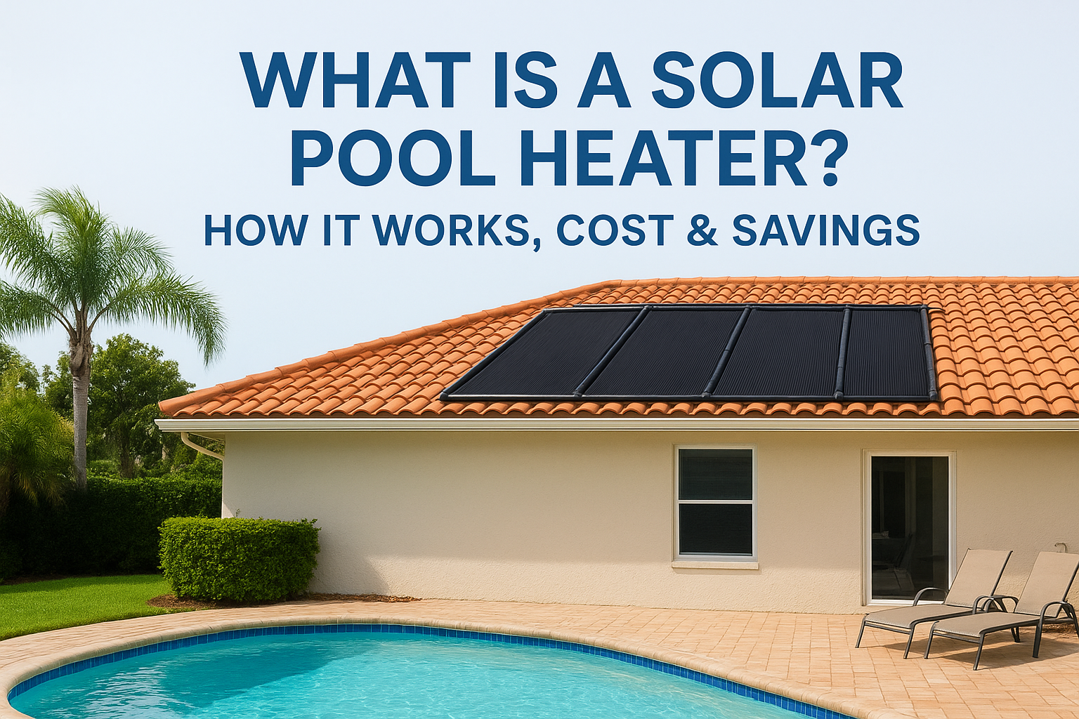 House roof with solar panels above a pool; large title reads 'What is a Solar Pool Heater? How It Works, Cost & Savings'