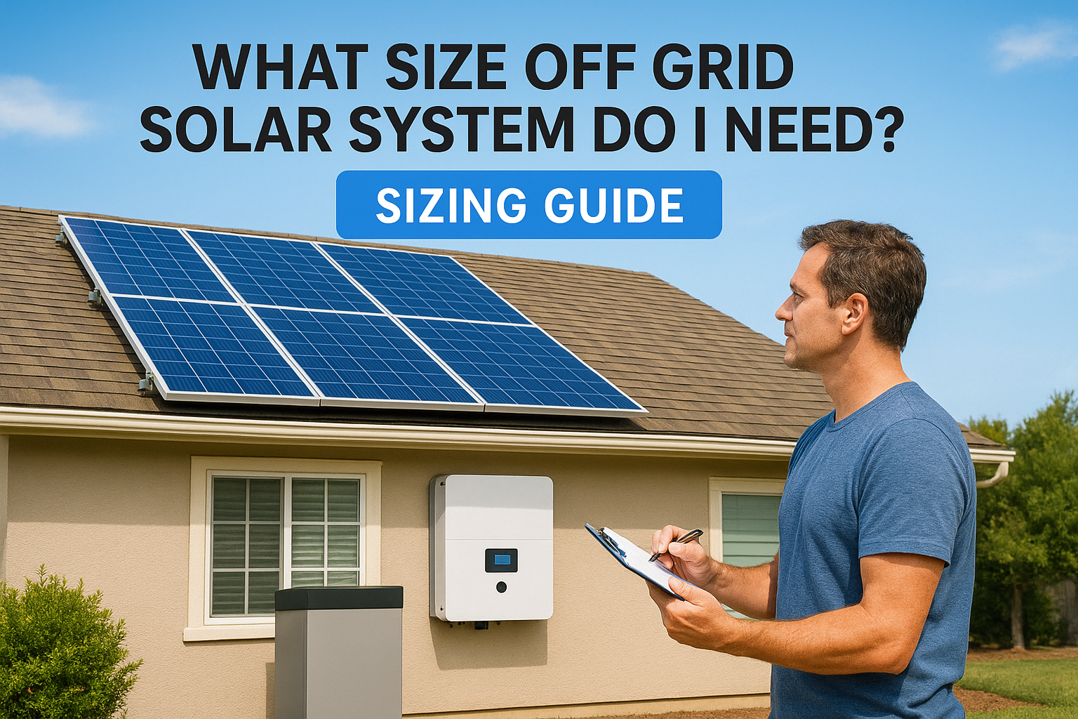 Man standing beside a house with blue rooftop solar panels, holding a clipboard as a sizing guide headline is shown above: 'What size off grid solar system do I need? Sizing Guide.'