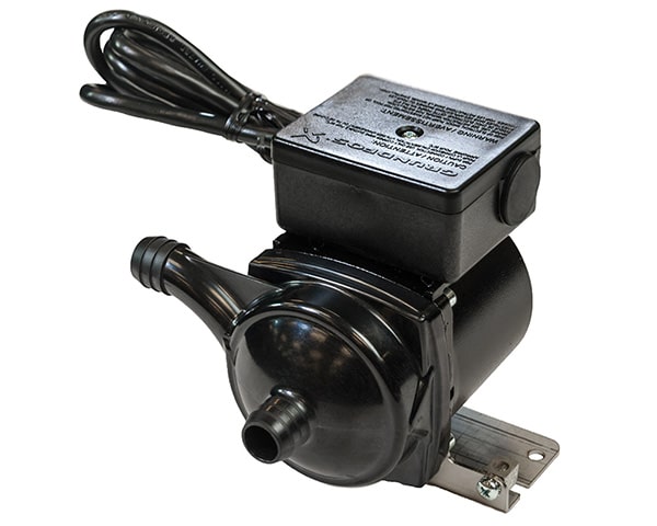 Small black submersible water pump with power cord and outlet nozzle, mounted on a metal bracket for a tank or aquarium.