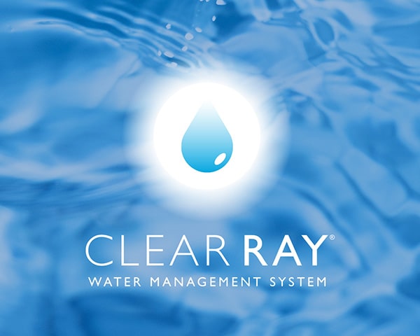 ClearRay Water Management System logo with a blue water droplet inside a glowing circle on a blue water background.
