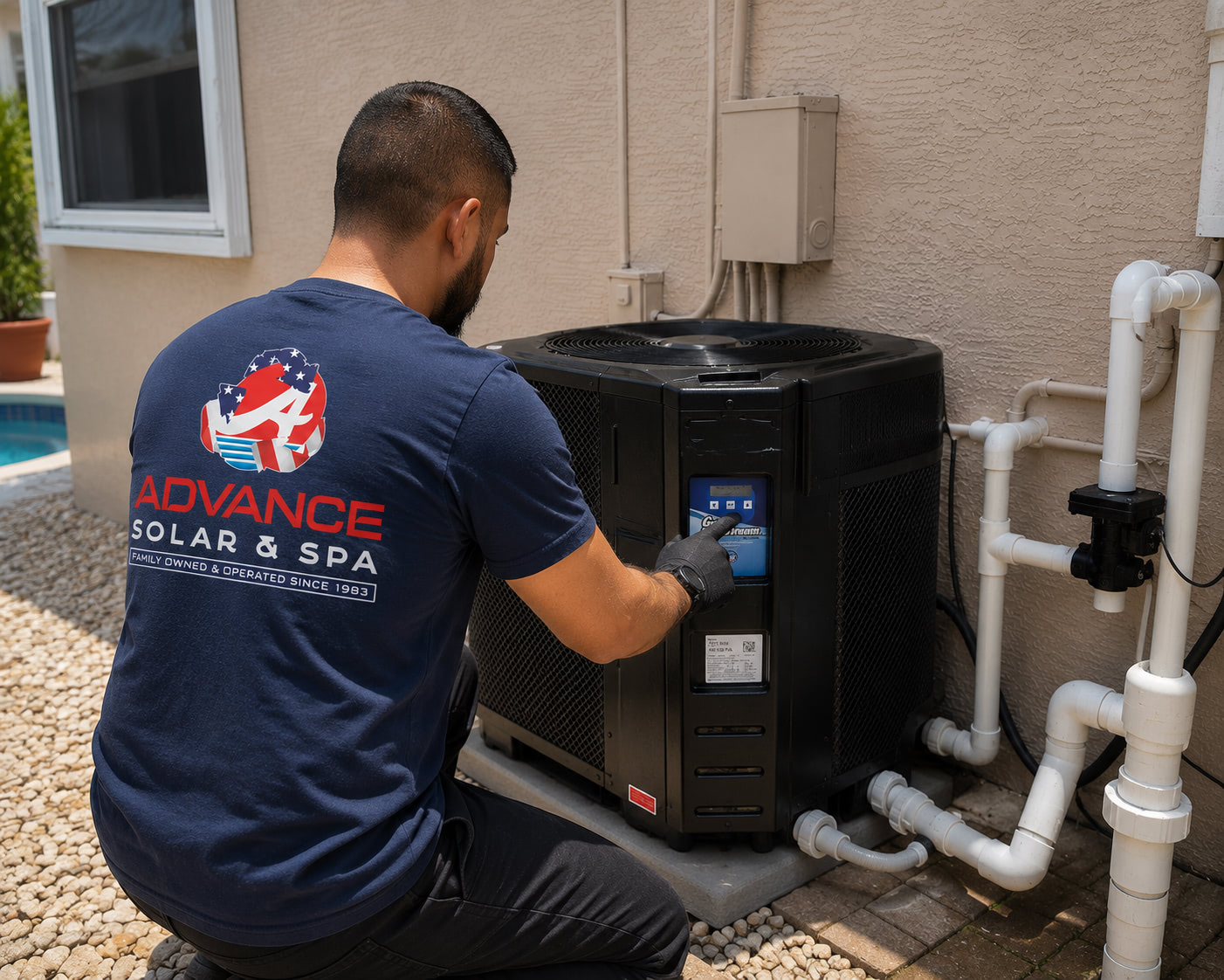 HVAC technician kneels beside a black outdoor air conditioner unit, adjusting controls.