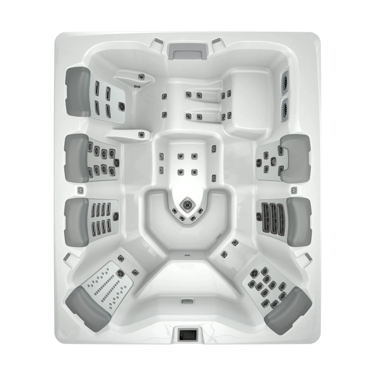 Top-down view of a white six-person hot tub with built-in seats and multiple jet clusters.