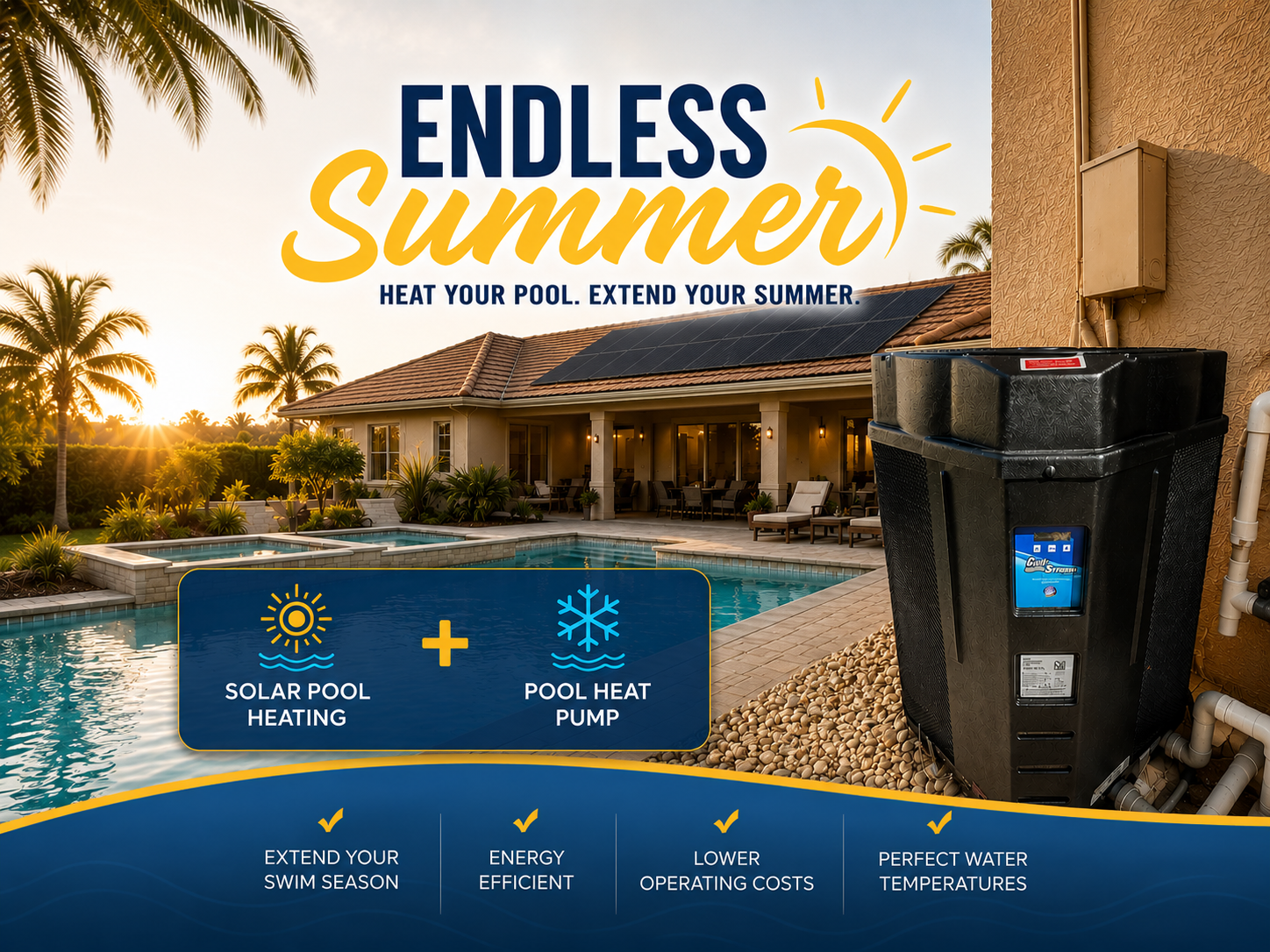 Endless Summer pool heating ad with solar panels, a backyard pool, and a large pool heat pump beside a house