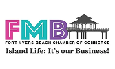 Fort Myers Beach Chamber of Commerce logo with colorful FMB letters, a gazebo graphic, and the slogan 'Island Life: It’s our Business!'