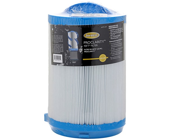 Blue-capped cylindrical pleated pool filter cartridge with a black label around the top, wrapped in plastic.