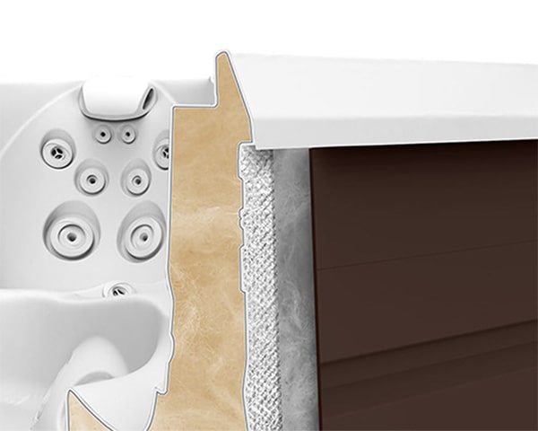 Cross-section of a white hot tub showing water jets, a foam insulation layer, and the outer brown panel.