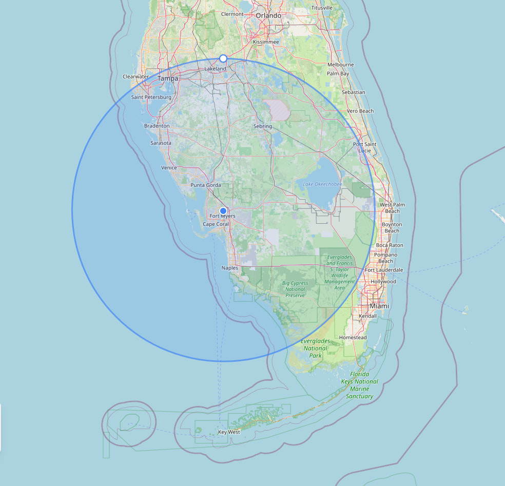 Map of Florida with a large blue circle showing a coverage radius around central Florida, including Tampa, Orlando, and Fort Myers.