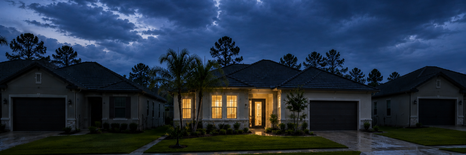 Single-family home at dusk with a warmly lit entry and windows, surrounded by a manicured lawn and palm trees.