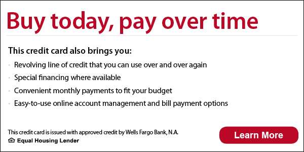 Promotional banner: 'Buy today, pay over time' with a bulleted list of benefits and a red 'Learn More' button on the right, plus Wells Fargo & Equal Housing Lender logos at the bottom.