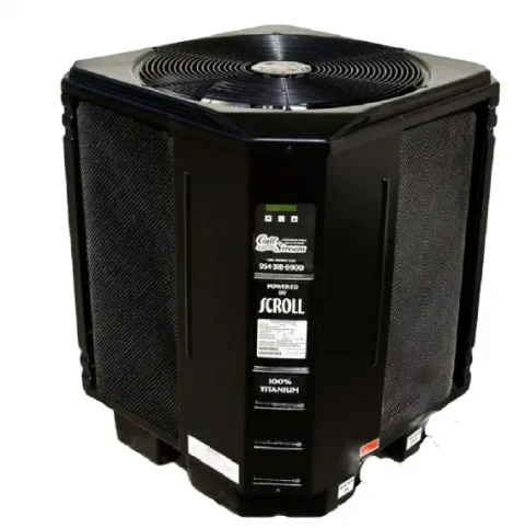 Large black outdoor air conditioning condenser unit with a circular top fan and protective mesh side panels.