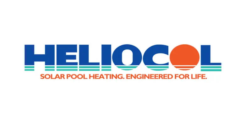 Heliocol logo featuring a blue wordmark with turquoise stripes and an orange sun, plus the tagline 'Solar Pool Heating. Engineered for Life.'
