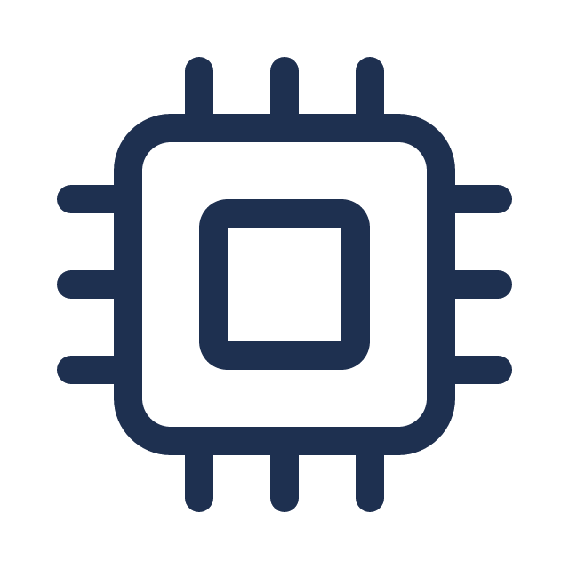 Dark blue microchip/processor icon with pins around a square center, representing computer hardware